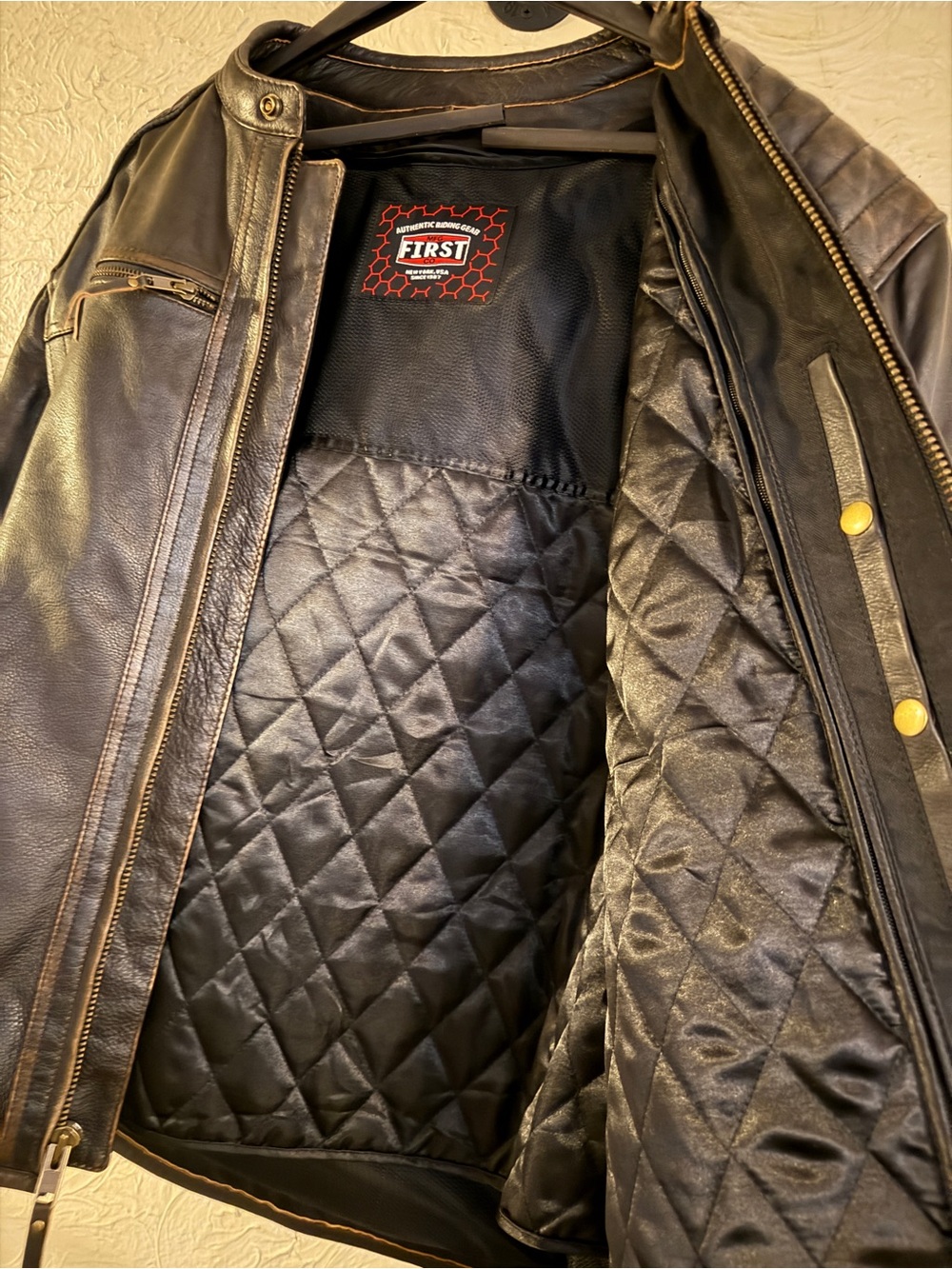 New with tags First Manufacturing Co. Rider Club men’s leather motorcycle jacket